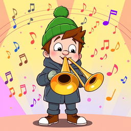 A playful illustration of Kyle Broflovski, a character from the animated series, passionately playing the trombone