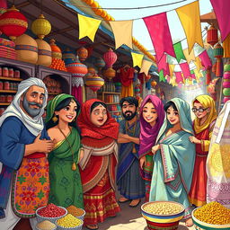 A vibrant and colorful scene featuring characters from various cultural backgrounds and professions, each adorned in traditional attire with intricate patterns that showcase a spectrum of colors