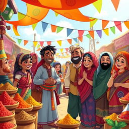 A vibrant and colorful scene featuring characters from various cultural backgrounds and professions, each adorned in traditional attire with intricate patterns that showcase a spectrum of colors