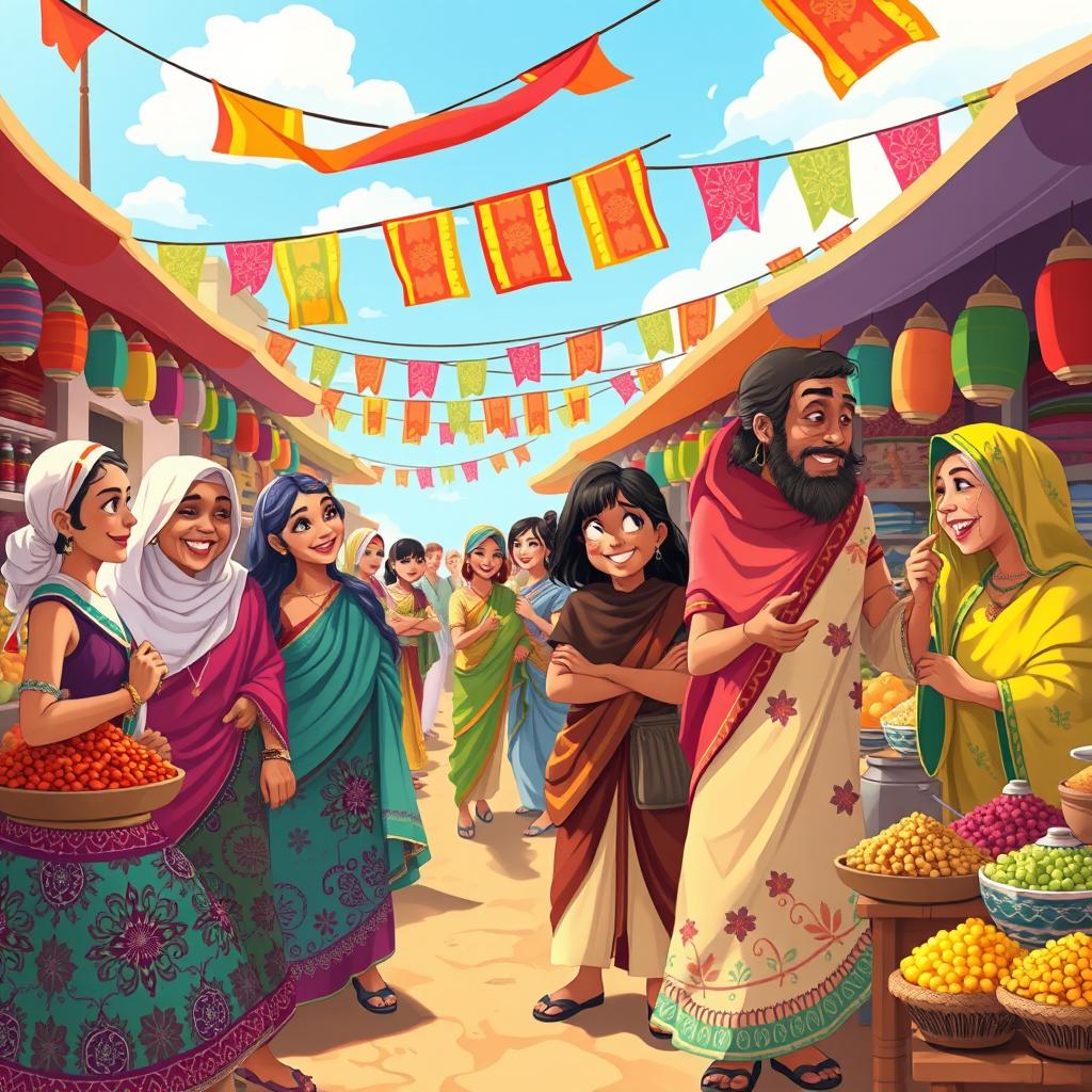 A vibrant and colorful scene featuring characters from various cultural backgrounds and professions, each adorned in traditional attire with intricate patterns that showcase a spectrum of colors