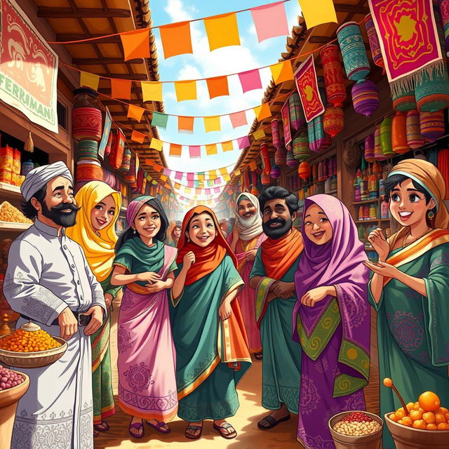 A vibrant and colorful scene featuring characters from various cultural backgrounds and professions, each adorned in traditional attire with intricate patterns that showcase a spectrum of colors