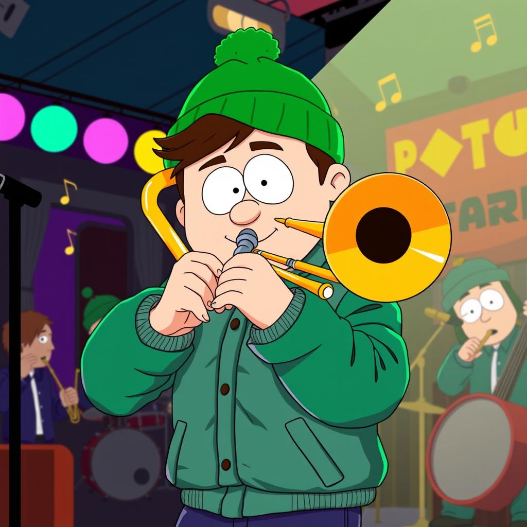 A dynamic illustration of Kyle Broflovski, a character from the animated series South Park, expertly playing the trombone on stage