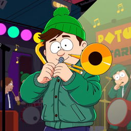 A dynamic illustration of Kyle Broflovski, a character from the animated series South Park, expertly playing the trombone on stage