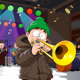 A dynamic illustration of Kyle Broflovski, a character from the animated series South Park, expertly playing the trombone on stage