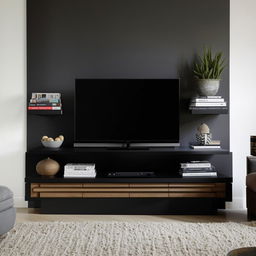 A modern TV unit with sleek lines and matte black finishes. Include shelves filled with various books and trinkets, and a large flat-screen TV mounted in the center.