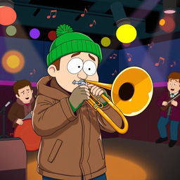 A dynamic illustration of Kyle Broflovski, a character from the animated series South Park, expertly playing the trombone on stage