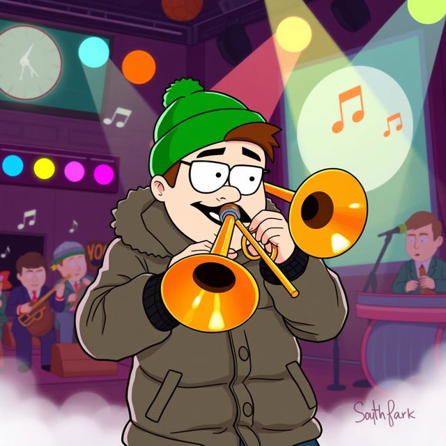 A dynamic illustration of Kyle Broflovski, a character from the animated series South Park, expertly playing the trombone on stage