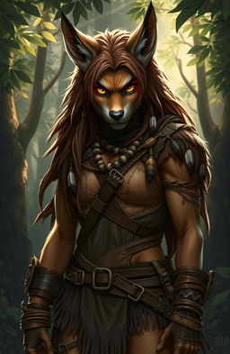 A fierce and wild-looking feral omega character, embodying a fierce yet alluring presence