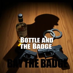 A police badge prominently placed on a wooden table, accompanied by a bottle of liquor, a Glock handgun, and handcuffs