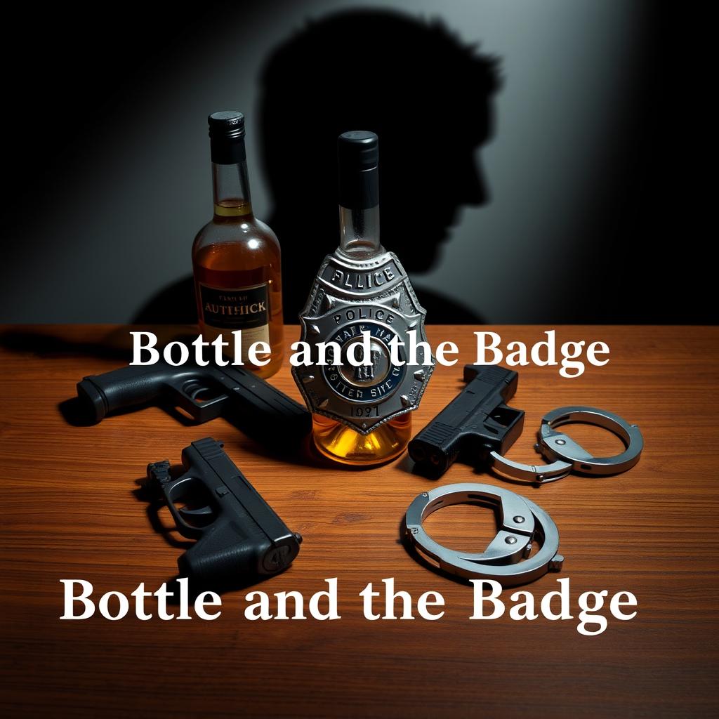 A police badge prominently placed on a wooden table, accompanied by a bottle of liquor, a Glock handgun, and handcuffs