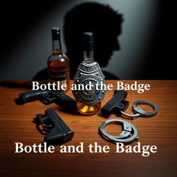 A police badge prominently placed on a wooden table, accompanied by a bottle of liquor, a Glock handgun, and handcuffs