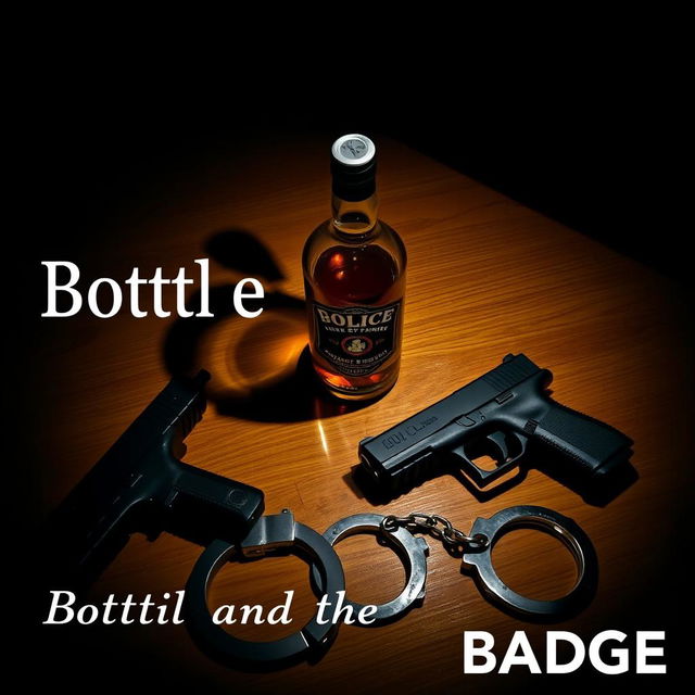 A police badge prominently placed on a wooden table, accompanied by a bottle of liquor, a Glock handgun, and handcuffs