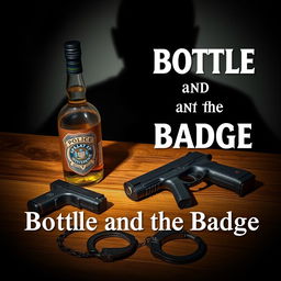 A police badge prominently placed on a wooden table, accompanied by a bottle of liquor, a Glock handgun, and handcuffs