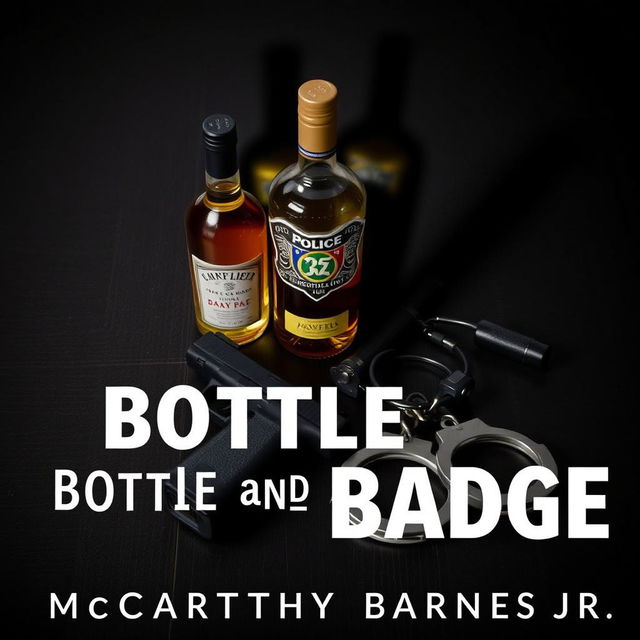 A police badge prominently displayed on a dark wooden table, accompanied by a bottle of liquor, a Glock handgun, and handcuffs