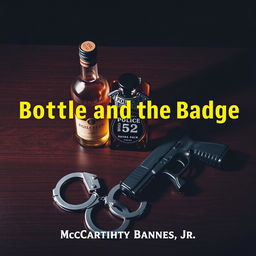 A police badge prominently displayed on a dark wooden table, accompanied by a bottle of liquor, a Glock handgun, and handcuffs