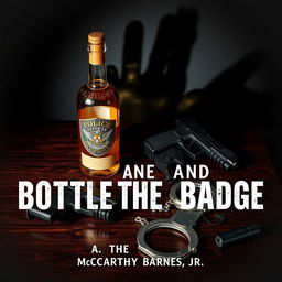 A police badge prominently displayed on a dark wooden table, accompanied by a bottle of liquor, a Glock handgun, and handcuffs