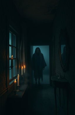 A chilling horror scene set in a dark, abandoned house
