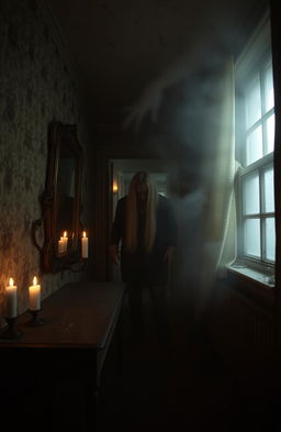 A chilling horror scene set in a dark, abandoned house