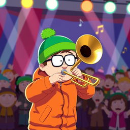 An engaging illustration of Kyle Broflovski, the character from South Park, energetically playing the trombone