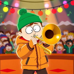 An engaging illustration of Kyle Broflovski, the character from South Park, energetically playing the trombone