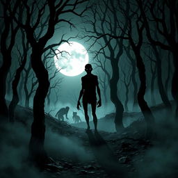 A dark and eerie forest on a moonlit night, with twisted trees and fog creeping along the ground