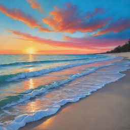 Vibrant and serene beach vista with turquoise waters, a shimmering sandy shore and a brilliantly colored sunset painting the sky overhead