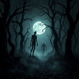 A dark and eerie forest on a moonlit night, with twisted trees and fog creeping along the ground