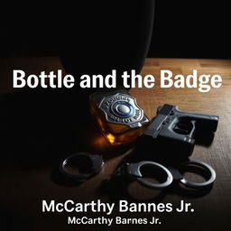 A police badge resting on a wooden table, positioned alongside a bottle of liquor, a Glock handgun, and handcuffs
