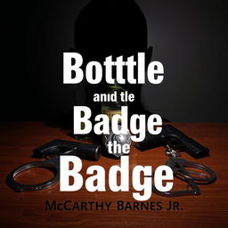 A police badge resting on a wooden table, positioned alongside a bottle of liquor, a Glock handgun, and handcuffs
