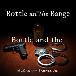 A police badge resting on a wooden table, positioned alongside a bottle of liquor, a Glock handgun, and handcuffs