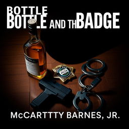 A police badge resting on a wooden table, positioned alongside a bottle of liquor, a Glock handgun, and handcuffs