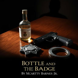 A police badge resting on a polished wooden table beside a half-empty bottle of liquor, a sleek Glock handgun, and silver handcuffs