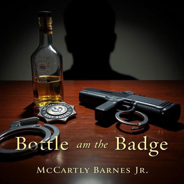 A police badge resting on a polished wooden table beside a half-empty bottle of liquor, a sleek Glock handgun, and silver handcuffs