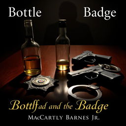 A police badge resting on a polished wooden table beside a half-empty bottle of liquor, a sleek Glock handgun, and silver handcuffs