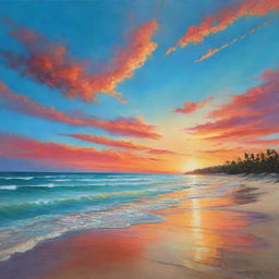 Vibrant and serene beach vista with turquoise waters, a shimmering sandy shore and a brilliantly colored sunset painting the sky overhead