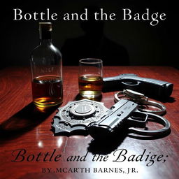A police badge resting on a polished wooden table beside a half-empty bottle of liquor, a sleek Glock handgun, and silver handcuffs