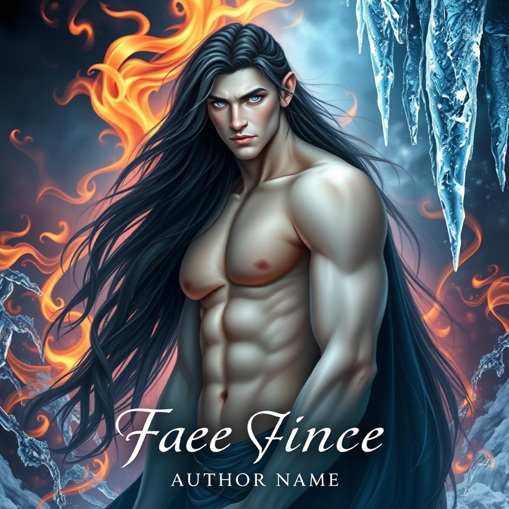 A fantasy romance book cover featuring a tall and thin sexy fae prince with pale skin, dark flowing hair, and light blue captivating eyes