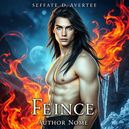 A fantasy romance book cover featuring a tall and thin sexy fae prince with pale skin, dark flowing hair, and light blue captivating eyes