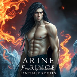 A fantasy romance book cover featuring a tall and thin sexy fae prince with pale skin, dark flowing hair, and light blue captivating eyes