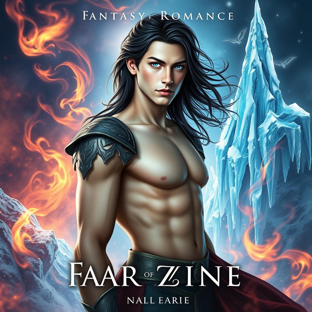 A fantasy romance book cover featuring a handsome fae prince who is tall and thin, with pale skin, dark flowing hair, and enchanting light blue eyes