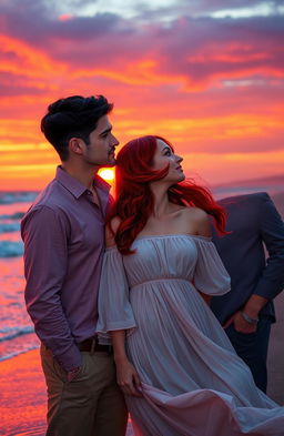 A romantic scene depicting a love triangle featuring two handsome men and one beautiful woman