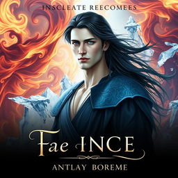 A fantasy romance book cover featuring a handsome fae prince who is tall and thin, with pale skin, dark flowing hair, and enchanting light blue eyes