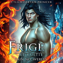 A fantasy romance book cover featuring a handsome fae prince who is tall and thin, with pale skin, dark flowing hair, and enchanting light blue eyes