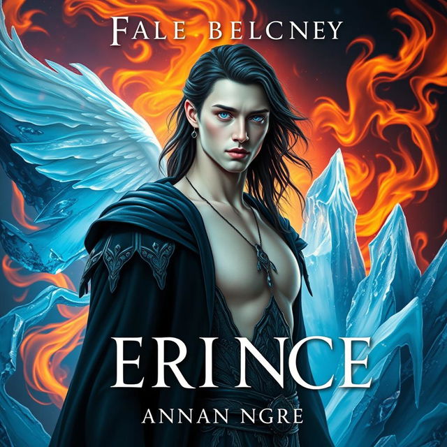 A fantasy romance book cover featuring a handsome fae prince who is tall and thin, with pale skin, dark flowing hair, and enchanting light blue eyes