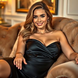 A stunning and glamorous portrait of a sexy woman lounging on a plush sofa, wearing an elegant black satin dress that hugs her curves