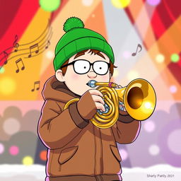 A lively illustration of Kyle Broflovski, a popular character from South Park, enthusiastically playing the euphonium