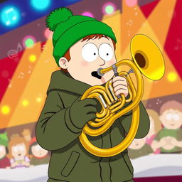 A lively illustration of Kyle Broflovski, a popular character from South Park, enthusiastically playing the euphonium
