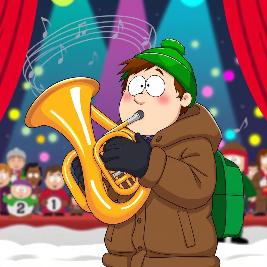 A lively illustration of Kyle Broflovski, a popular character from South Park, enthusiastically playing the euphonium