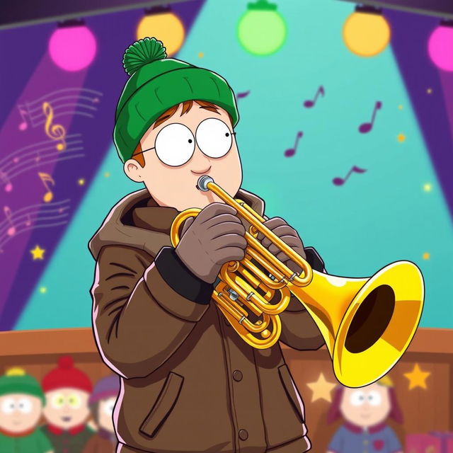 A lively illustration of Kyle Broflovski, a popular character from South Park, enthusiastically playing the euphonium