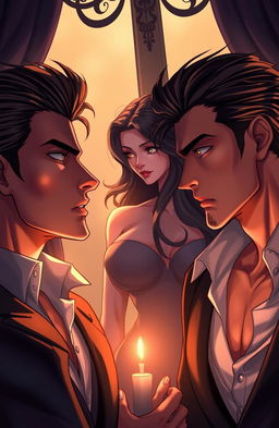 A captivating illustration of a love triangle featuring two handsome males and one beautiful female